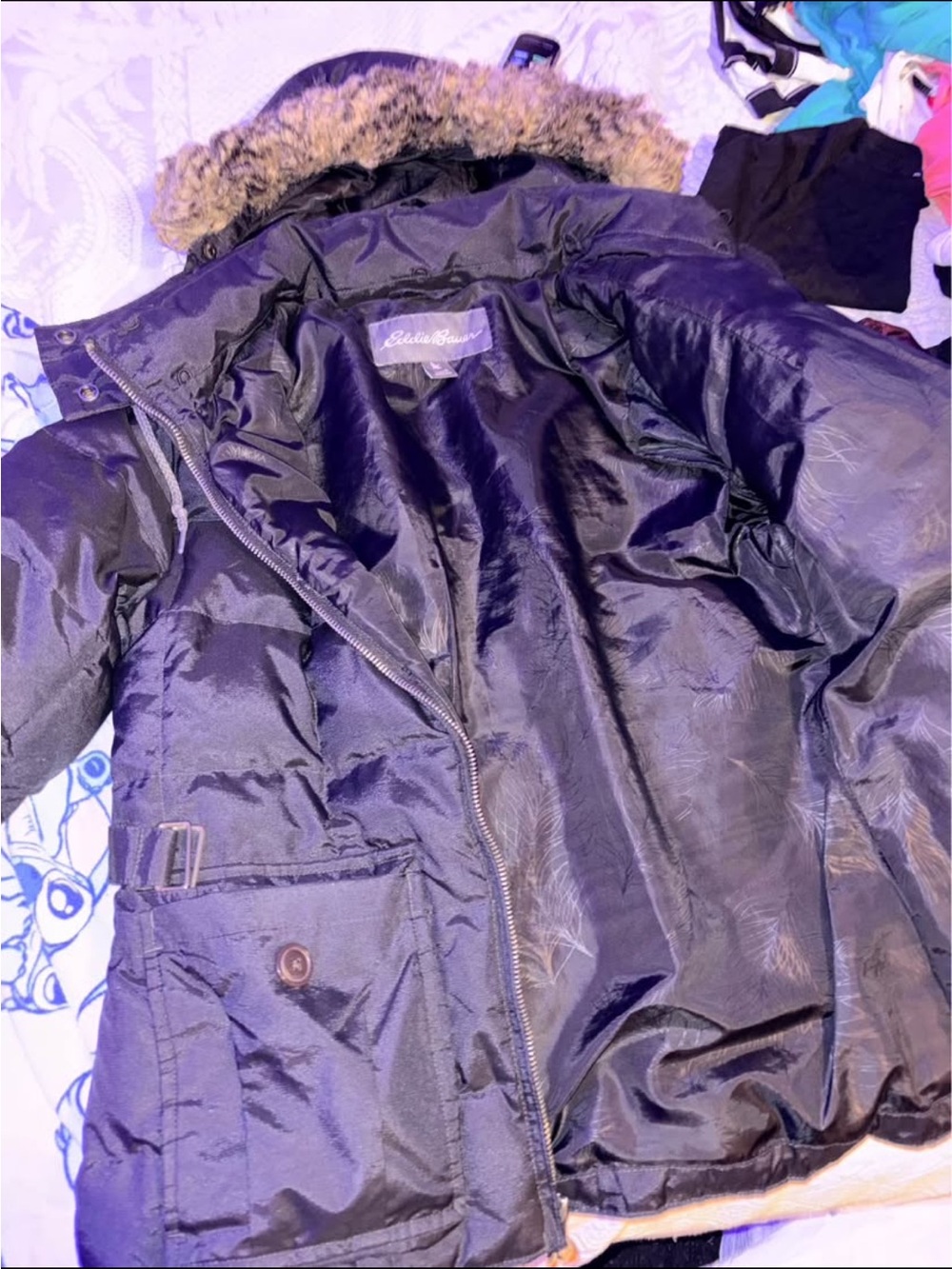 Black Women's Eddie Bauer Parka Jacket with Faux-Fur Hood